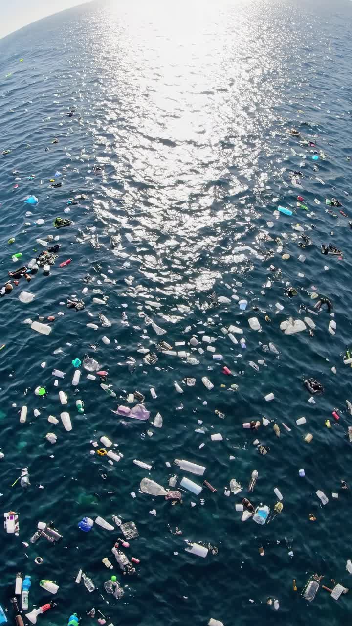 Aerial view of ocean pollution with floating plastic debris