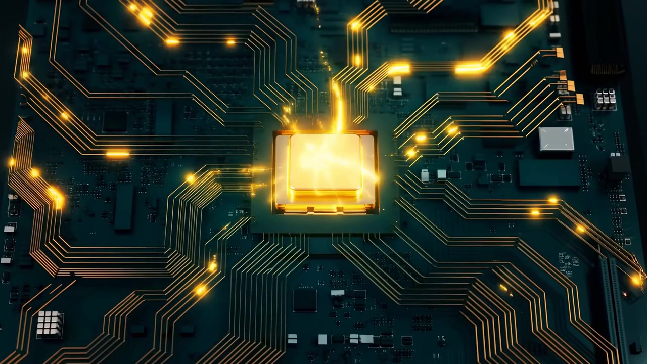 En lysende central mikrochip gløder på et mørkt printkort, med oplyste spor, der spreder sig udad, og små elektroniske komponenter synlige langs kanterne.