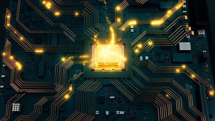 A bright central microchip glows on a dark circuit board, with illuminated traces spreading outward and small electronic components visible around the edges