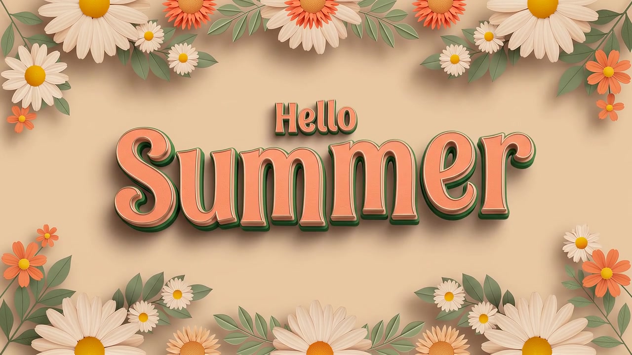 Hello Summer Elegant Floral Typography Animation with Flower Border on Beige Background