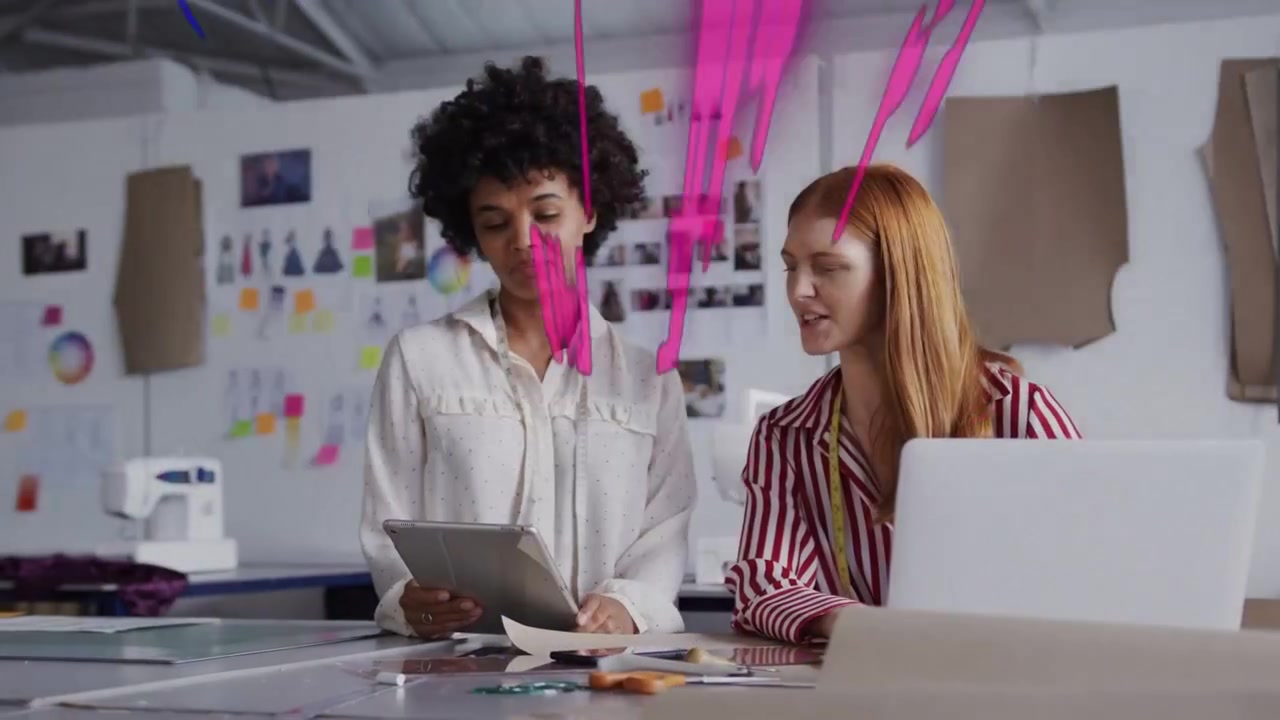 Design duo tapping tablet, reviewing samples, paint streaks bursting then fading to reveal choice