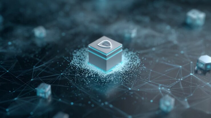 A futuristic digital cube emanating a radiant glow amidst a web of interconnected points and particles, symbolizing advanced technology and innovation in the field of data processing