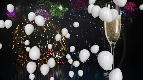 animation of white balloons with fireworks and champagne on black background