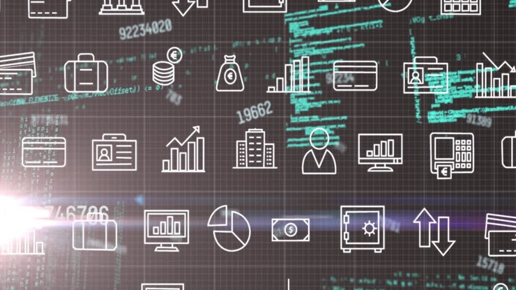 Animation of financial icons and data processing over grid