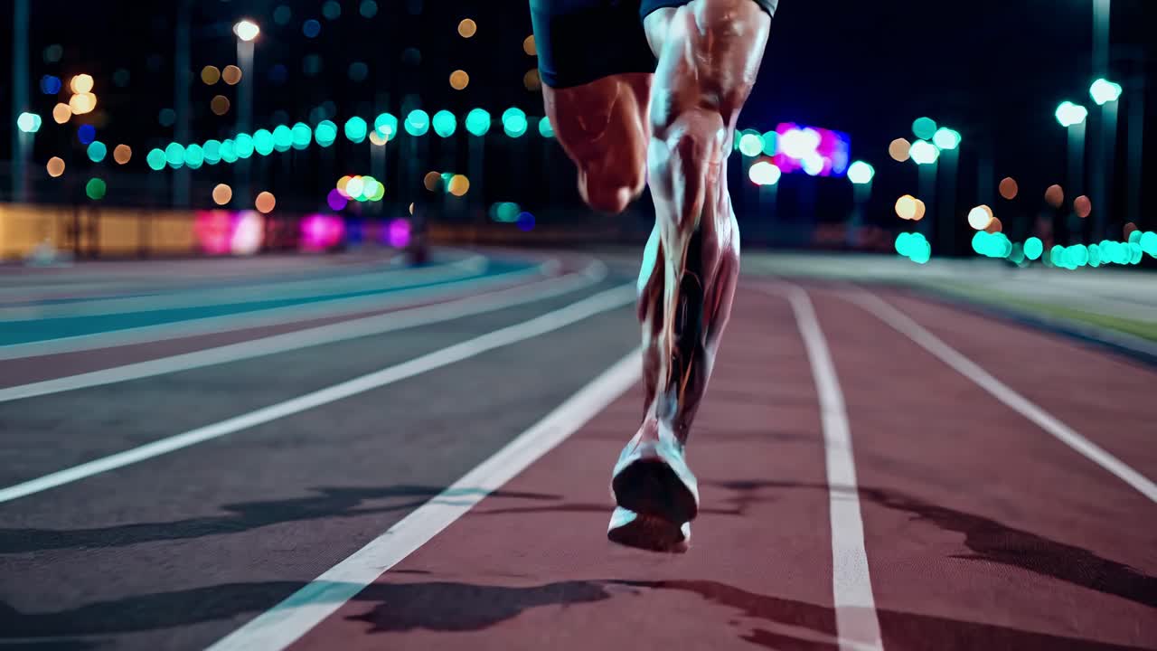 Dynamic low-angle shot of a sprinter's legs in motion on a track at night, capturing the intensity
