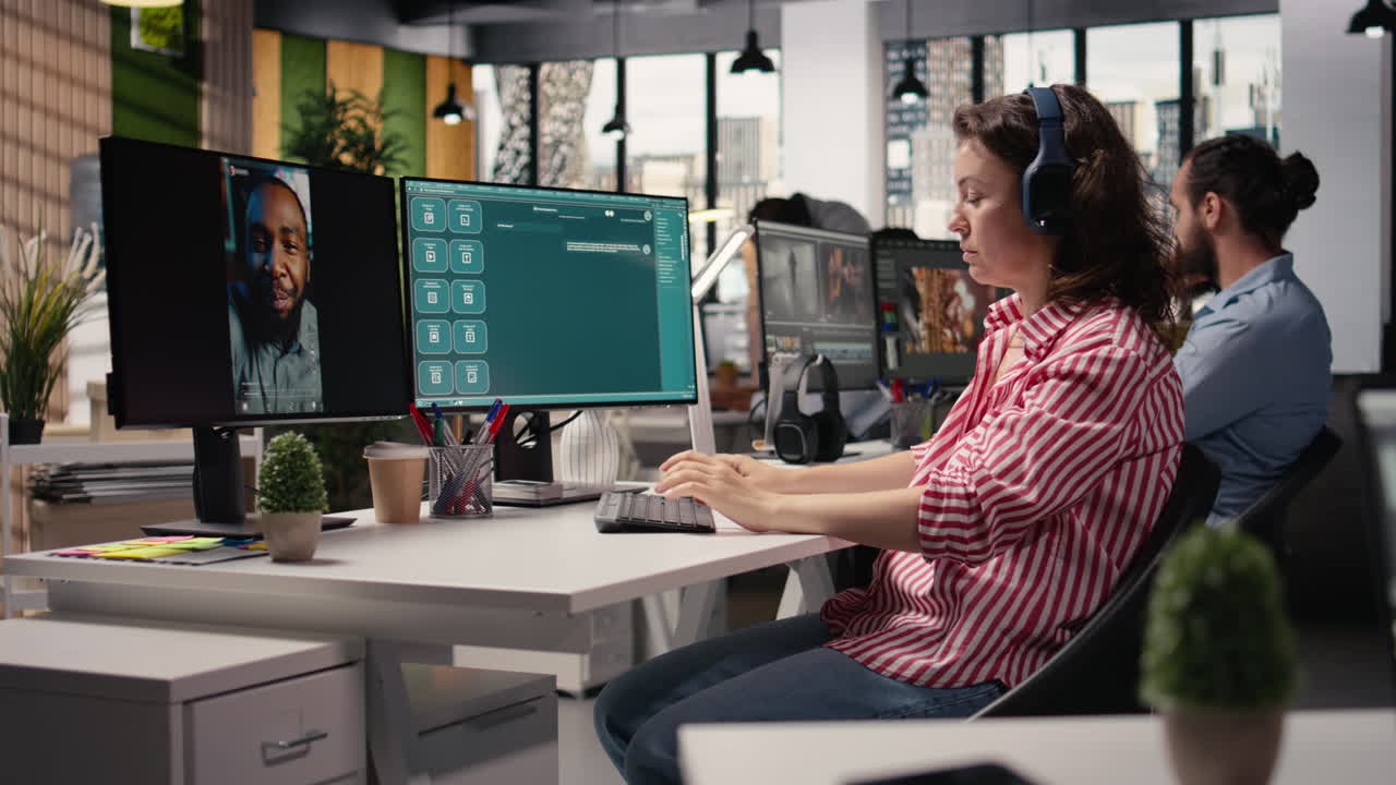 Office staff using large language on AI virtual assistant software