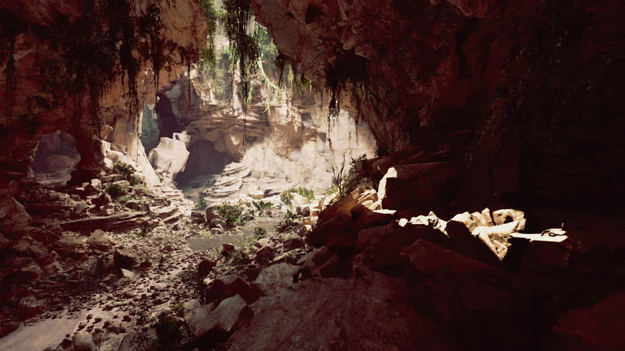 Exploring a captivating cave with lush vegetation and rocky terrain