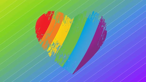 animation of rainbow heart over rainbow stripes background