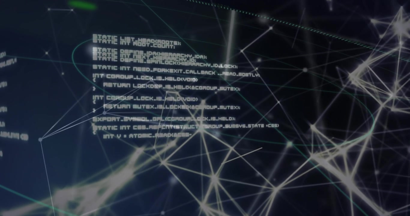 Animation of network of connections and data processing against black background