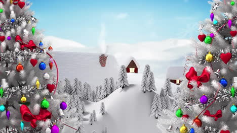 christmas decorations with ornaments over snowy village in festive animation