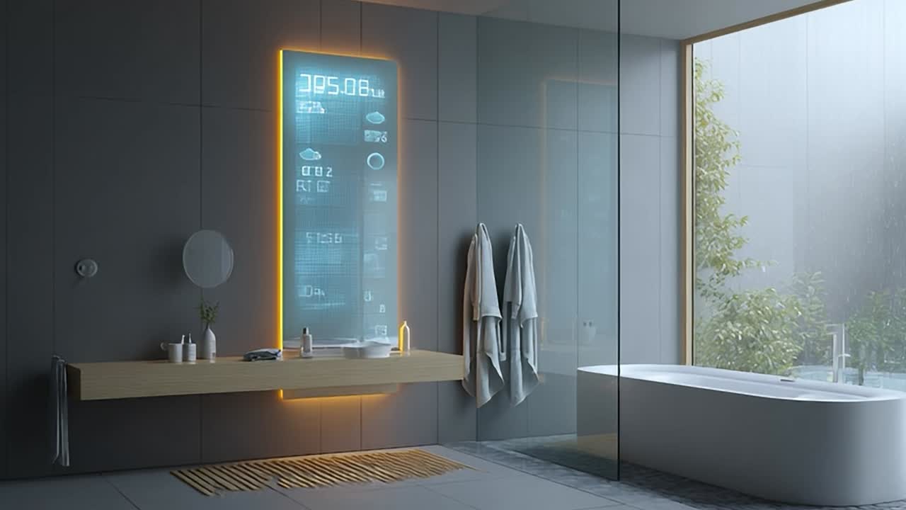 Modern bathroom with innovative smart mirror technology in natural light