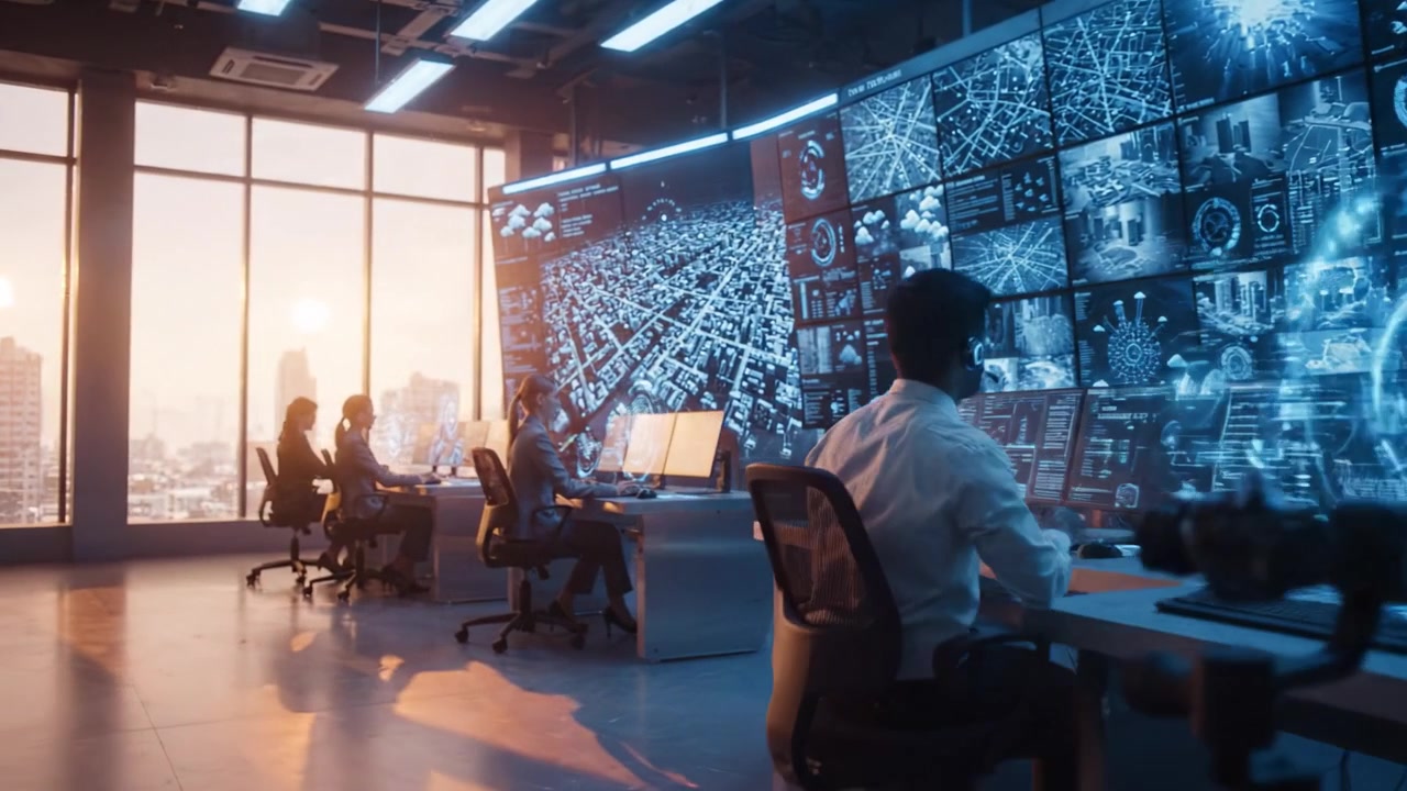 Advanced Control Room with Professionals Analyzing Data on High-Tech Screens at Sunset, Showcasing a Modern Work Environment Focused on Technology and Communication
