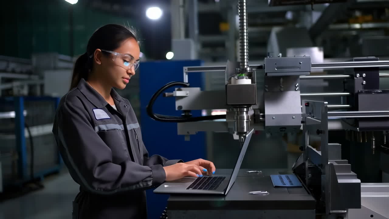 Female engineer working on a CNC machine in a factory