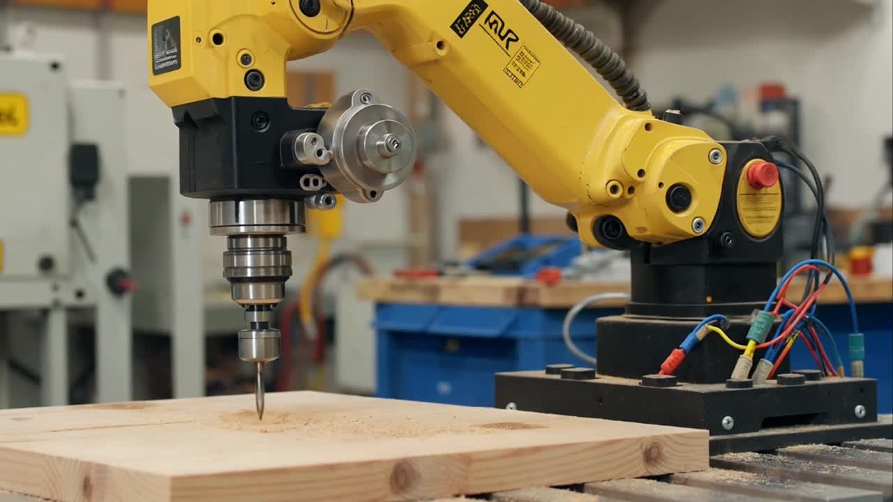 Yellow Robotic Arm Working on Wooden Plank