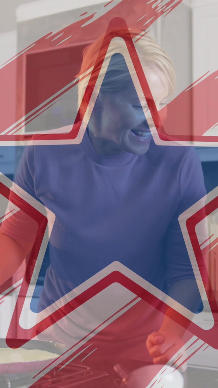 American flag design pattern and pulsating star over caucasian mother and daughter baking together