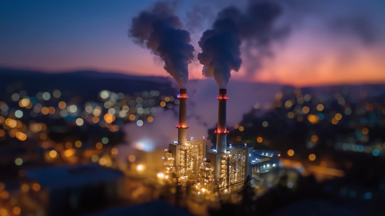Una vista mozzafiato di una centrale elettrica industriale al tramonto, con fumo che si sprigiona e le luci brillanti della città, che mostra il contrasto tra industria e natura.