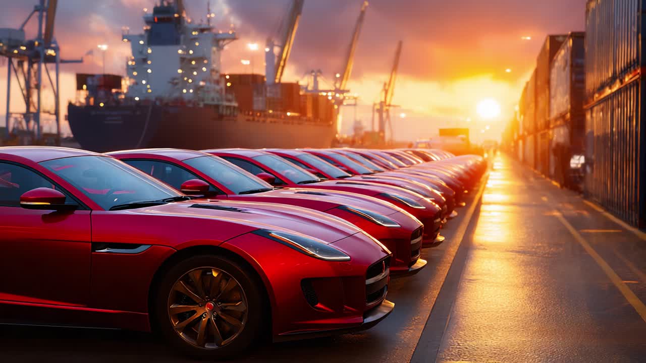 En række elegante, røde sportsvogne skinner under en fantastisk solnedgang med en travl havn med fragtskibe og en glødende himmel i baggrunden, hvilket fremhæver bilernes elegance