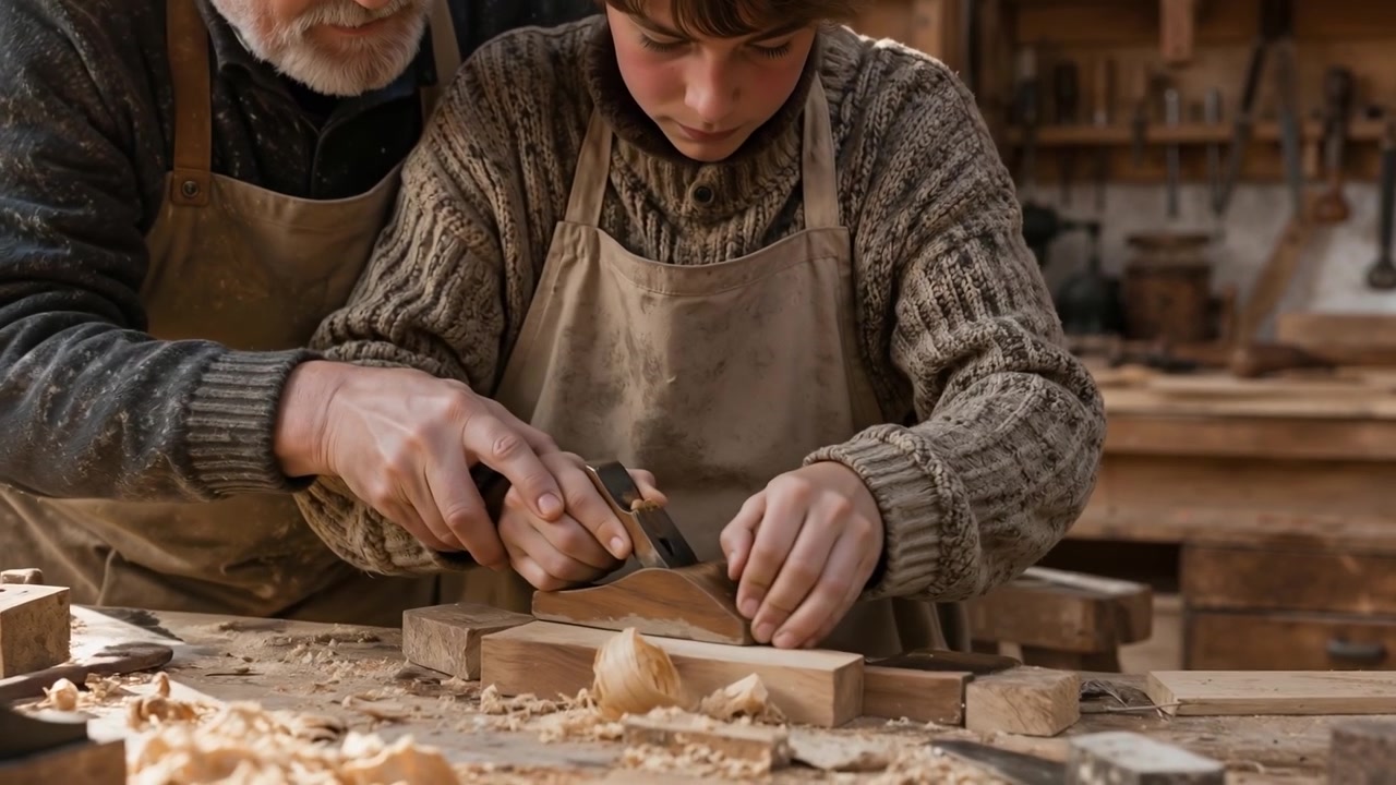 Senior carpenter guiding a young boy on how to use a hand plane in a carpentry workshop