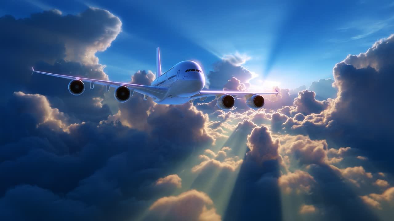Un maestoso aeroplano che ascende tra nuvole rigogliose mentre la luce del sole irrompe, creando una scena mozzafiato di libertà e avventura nel cielo aperto