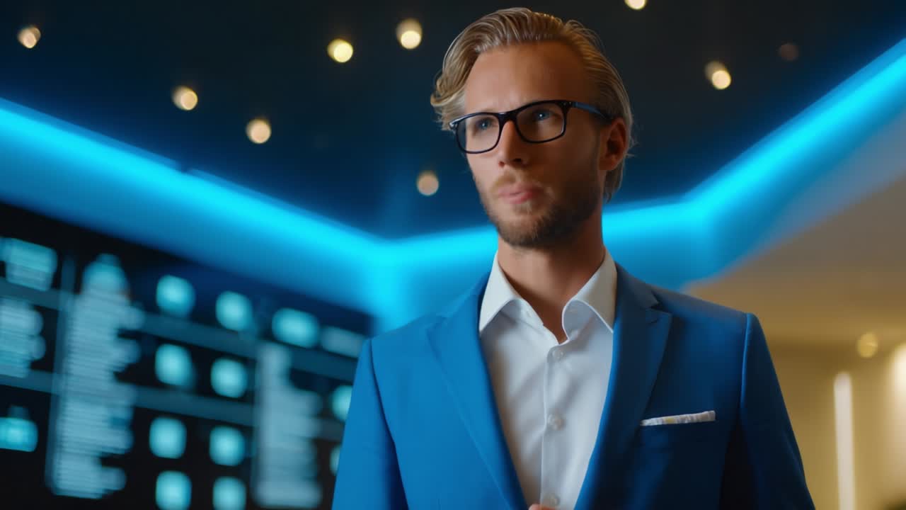 A professional man in a blue suit and glasses delivers an engaging presentation, showcasing confidence and intelligence in a modern, high-tech environment, surrounded by dynamic digital displays and innovative lighting