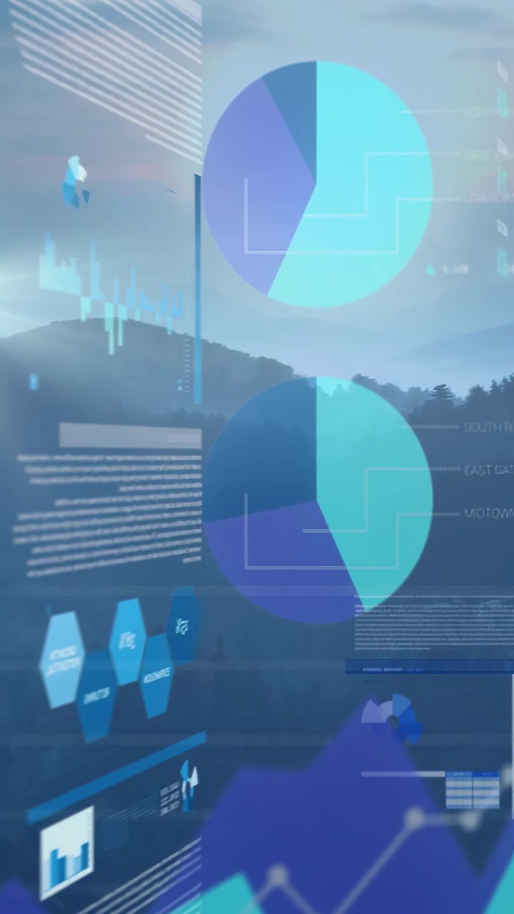 Vertikal video: Morgengryets glød tenner datakolonne, paneler glir, sektordiagrammer vokser for å vise innsikt.