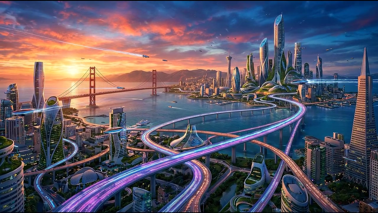 Futuristic smart city skyline with elevated highways and modern skyscrapers beside ocean waterfront