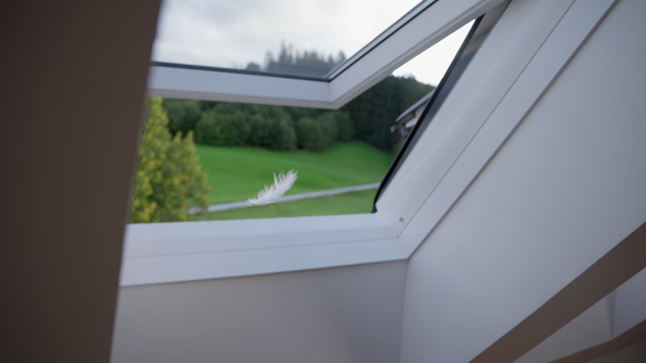 Feder fällt durch das Fenster auf den Holzfußboden in einem Haus.