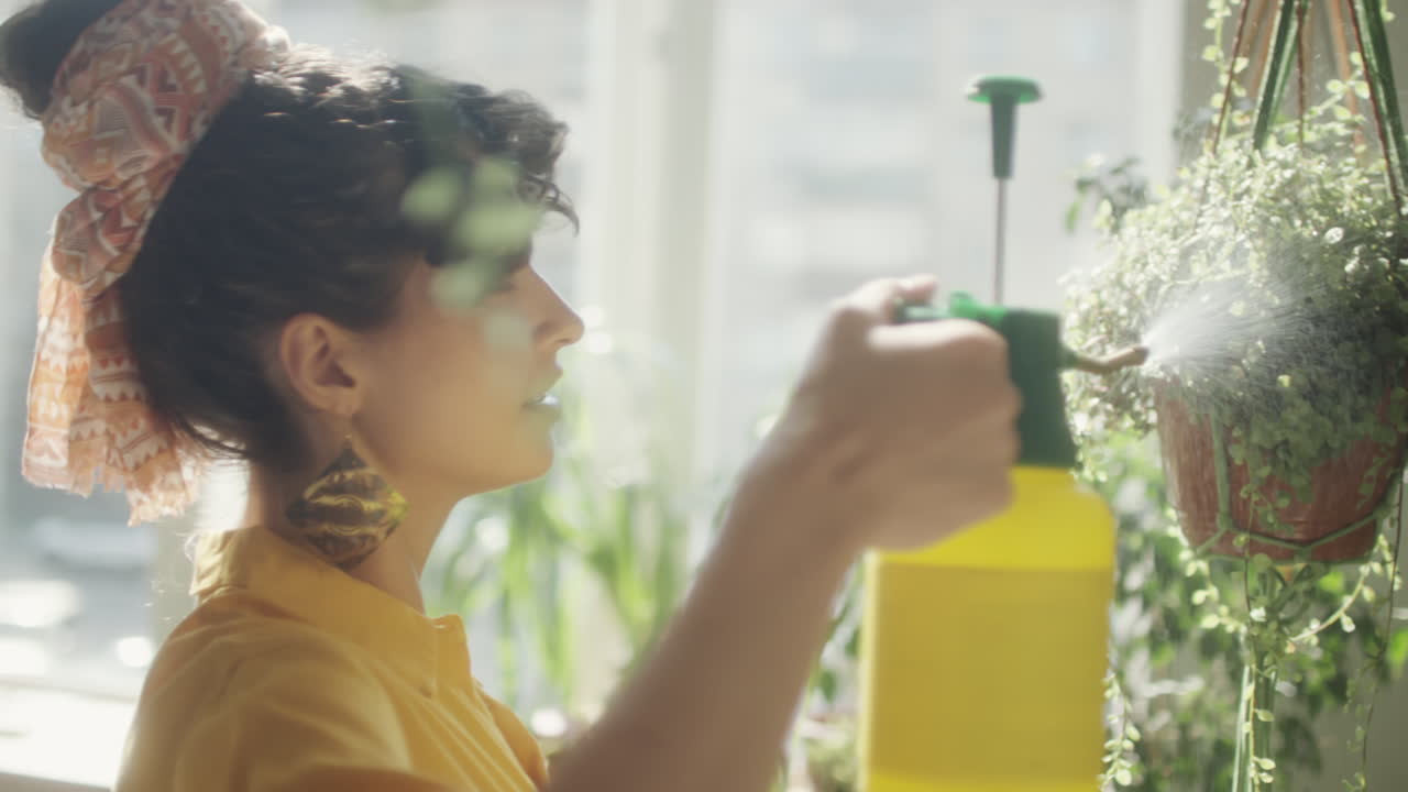 Woman Spraying Plant at Home