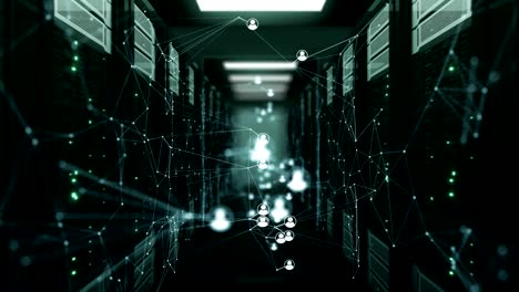 hermosos iconos humanos de redes sociales que se mueven en la sala de servidores abstractos con borrón dof. animación en bucle 3d de bastidores de servidores. medios digitales y concepto de tecnología futurista.