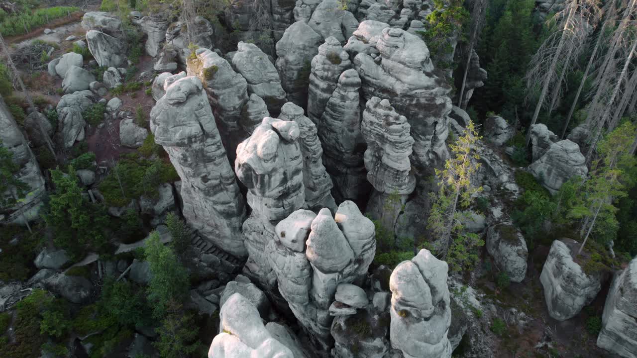 Aerial View of Unique Rock Formations in a Forest