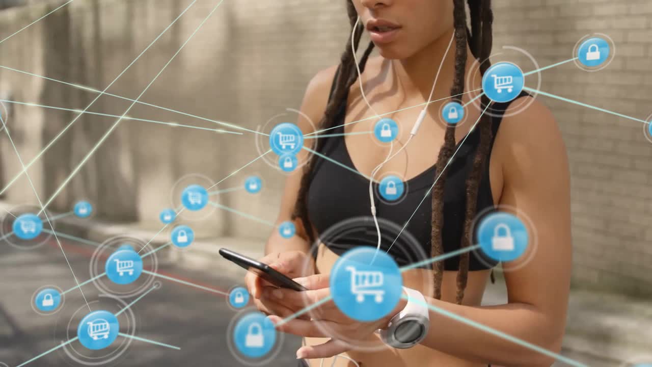 Animação de rede de conexões com ícones sobre mulher usando smartphone e se exercitando