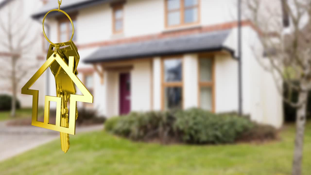 Animazione di chiavi di casa d'oro e un portachiavi su una casa