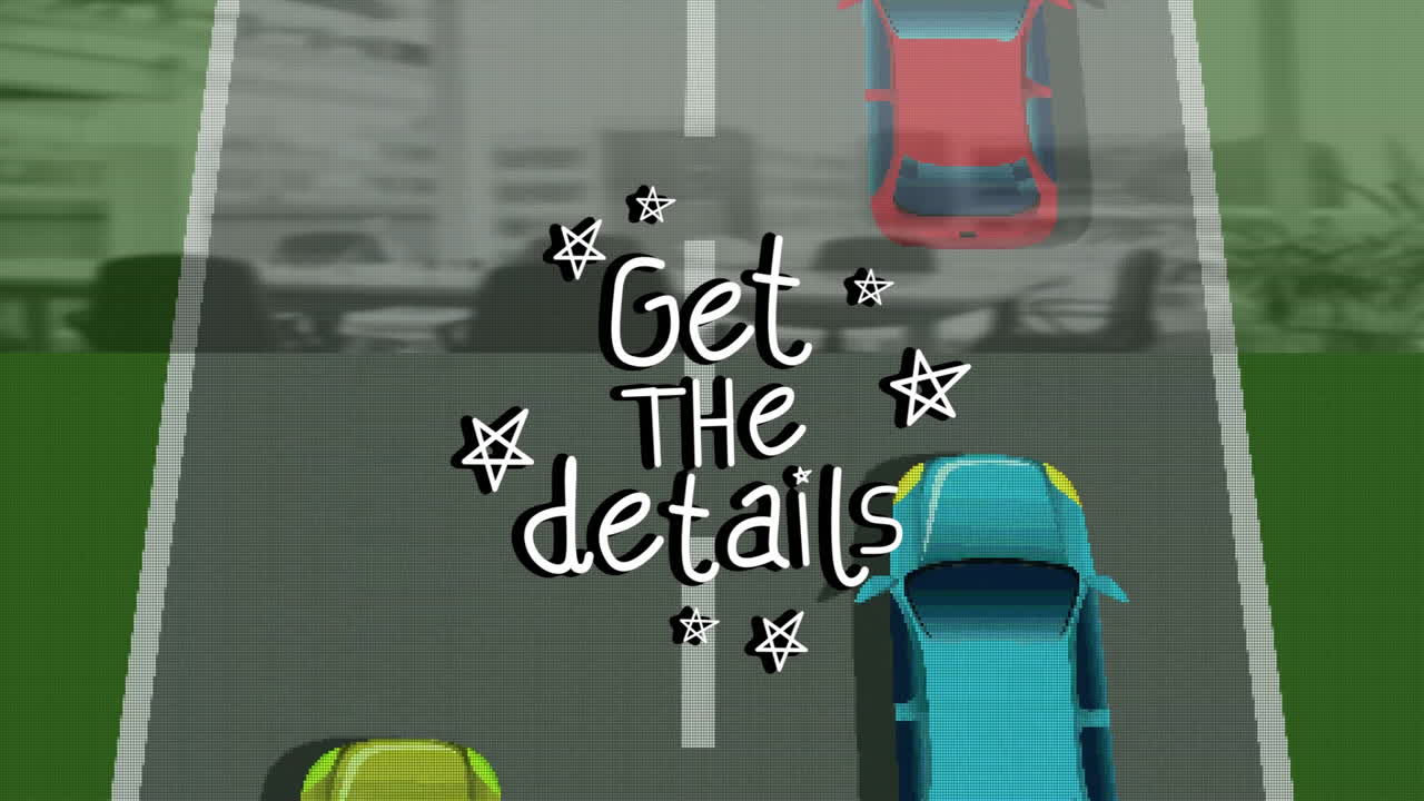 Animation of two cars on road with Get details text and star designs