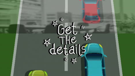animation of two cars on road with get details text and star designs
