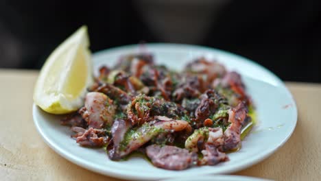 Plate-of-squid-on-the-table,-typical-Spanish-tapas