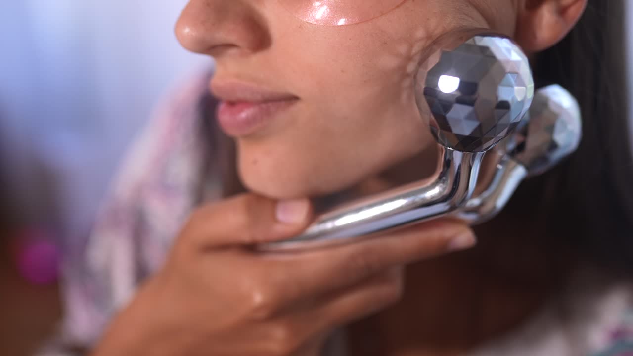 mujer aplicando mascarillas faciales y oculares