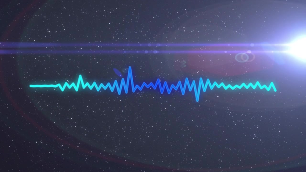 Line emerging from left, oscillating into cyan peaks over starfield lens flare, showing audio data