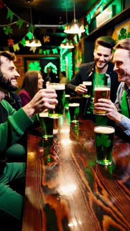 friends celebrating st. patrick's day with green beer in a pub