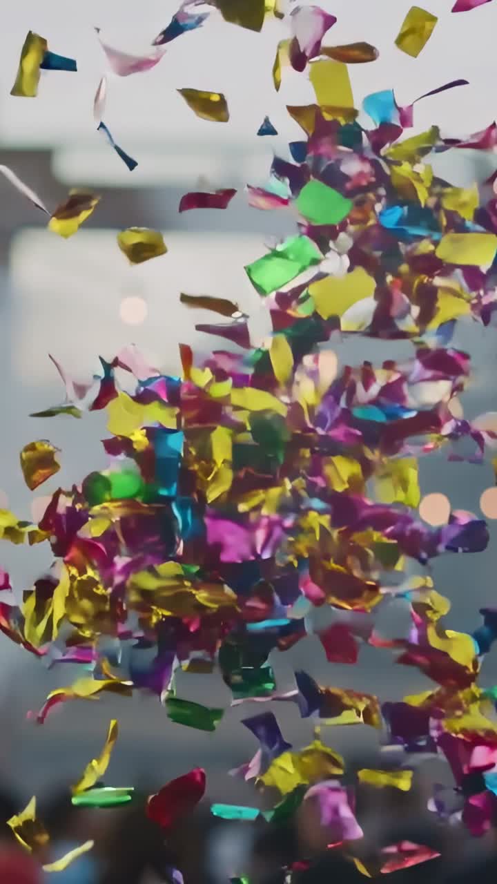 Video verticale: Un grappolo di coriandoli colorati si libera, ruota e si disperde in un locale.