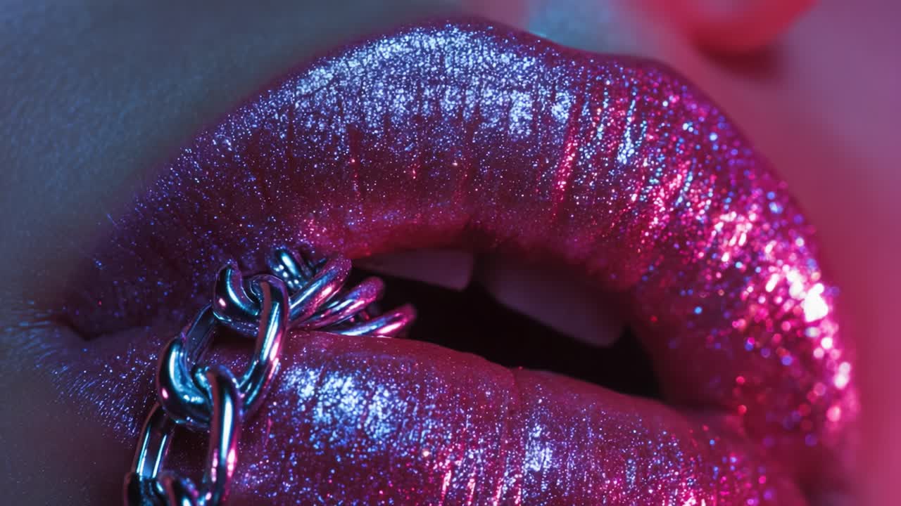 A Close-Up Shot of Sparkling Glamorous Lips Adorned with a Metallic Chain, Highlighting the Vibrant Shimmering Glitter and Captivating Colors, Perfectly Captured in Artistic Lighting