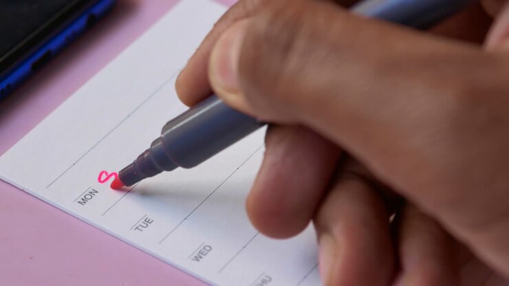 Hand writing on a planner closeup,