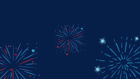 Dynamic fireworks animation with blue and red bursts on a dark blue background, creating a festive and celebratory atmosphere