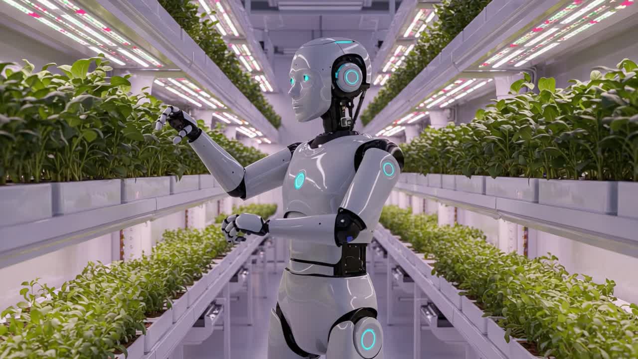 A Futuristic Robot Tending to Lush Green Plants in a High-Tech Indoor Garden, Showcasing Advanced Agricultural Technology and Sustainable Farming Practices