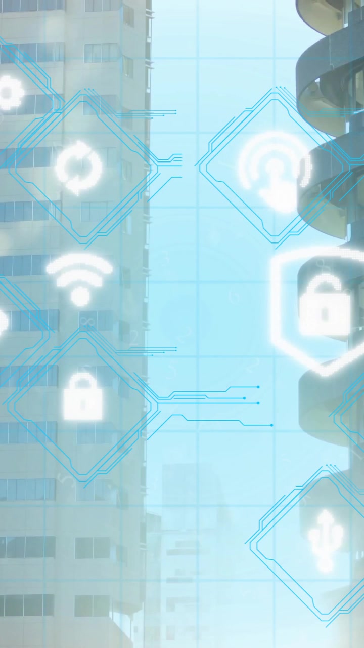 Animazione di icone Wi-Fi, sicurezza e media su uno skyline moderno