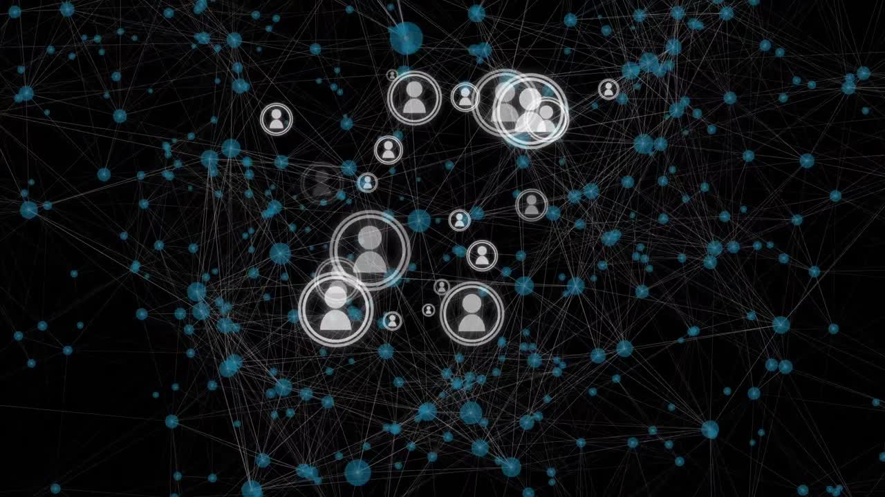 Animation of network of connections with icons in digital black and blue space
