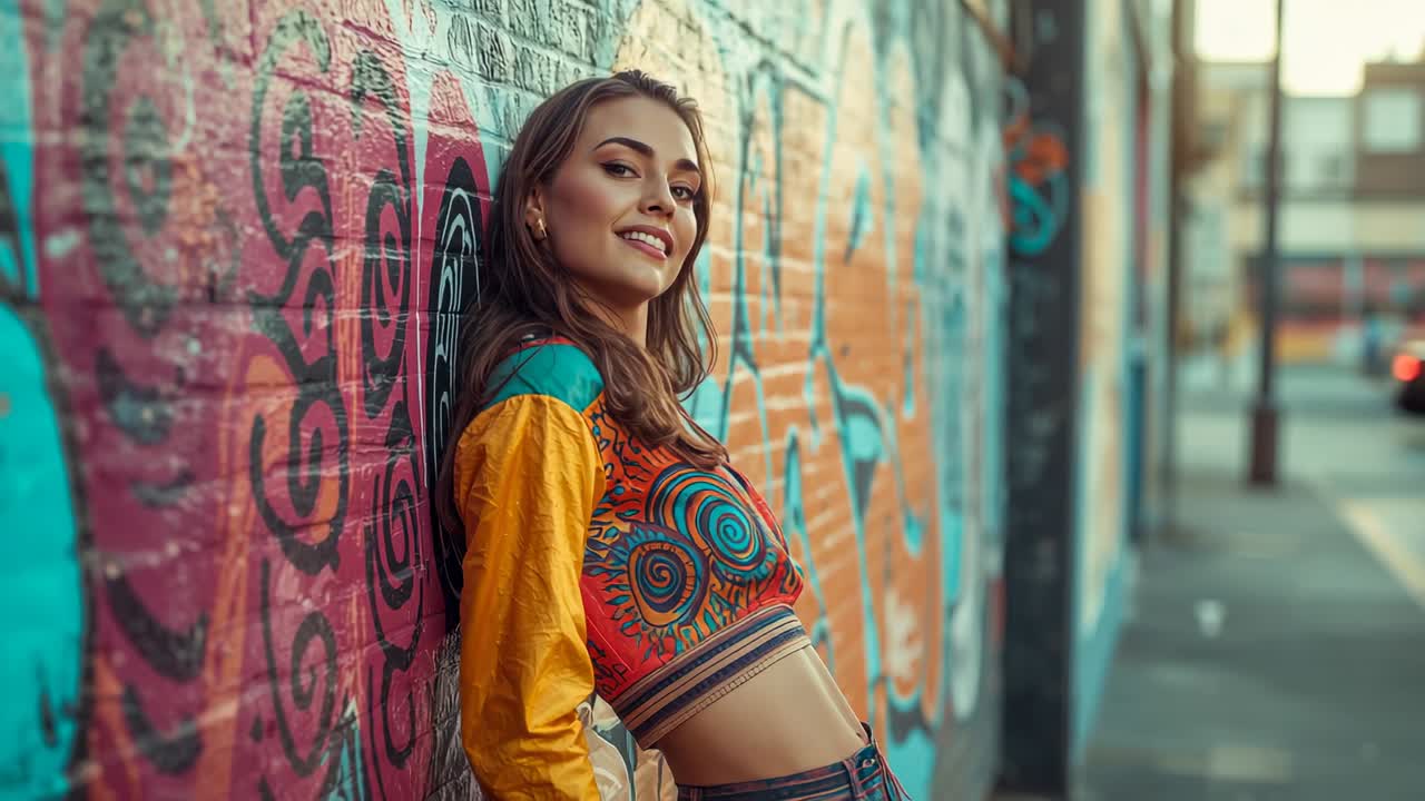 Woman in colorful jacket leaning against graffiti wall on sidewalk, closing eyes smiling at camera