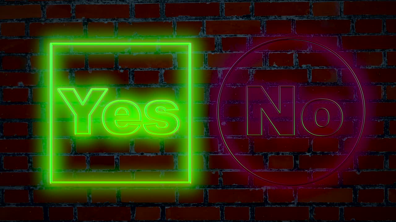 animación por computadora que cambia el texto verde parpadeante sí y no hay palabra iluminada en color rojo