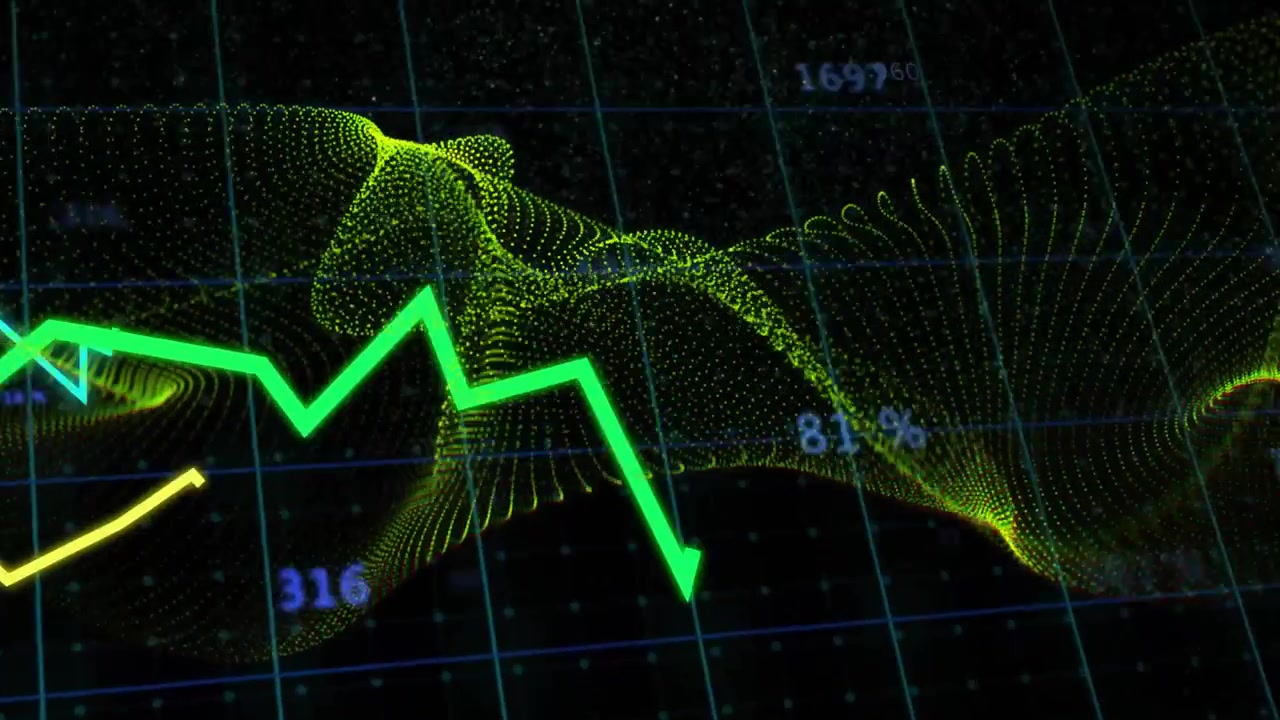 Opening on black grid yellow wave pulsing, green cyan graphs sweeping representing data trends