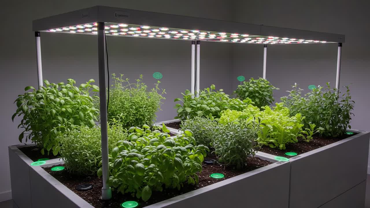 A Thriving Indoor Garden Under LED Grow Lights, Showcasing a Variety of Fresh Herbs and Plants in a Modern Hydroponic Setup for Year-Round Cultivation