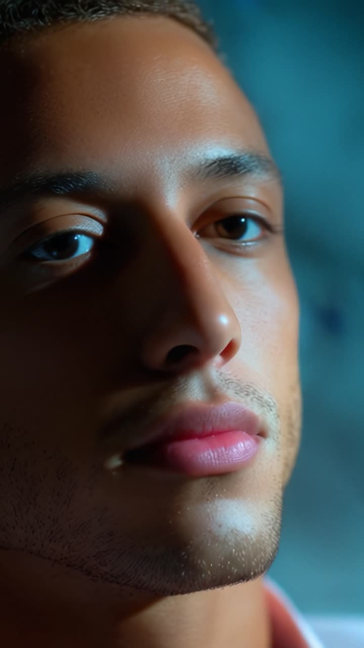 A contemplative young man transitions from dreaming with a sleep mask to awakening with eyes full of emotion, showcasing the journey of consciousness and relaxation